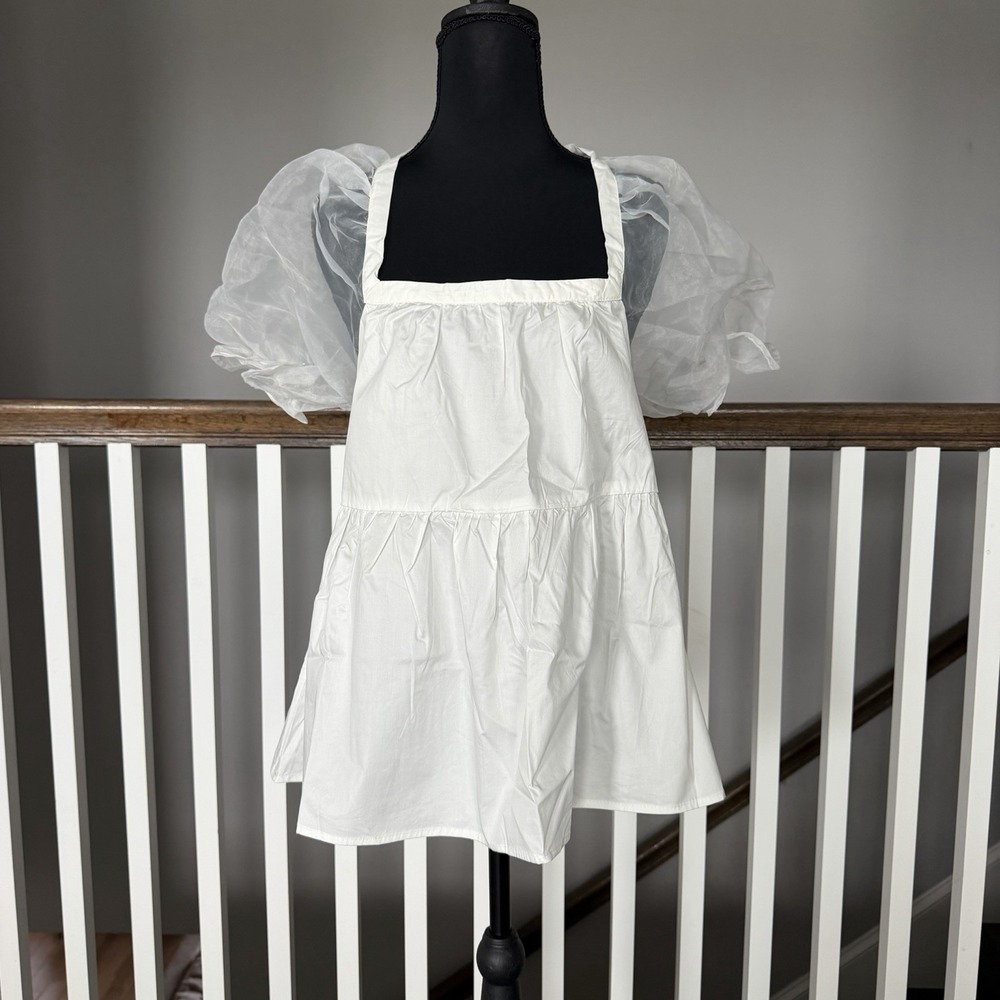 Tuckernuck Pomander Place Tinsley Tulle Puff Sleeve Babydoll Top M White Peplum